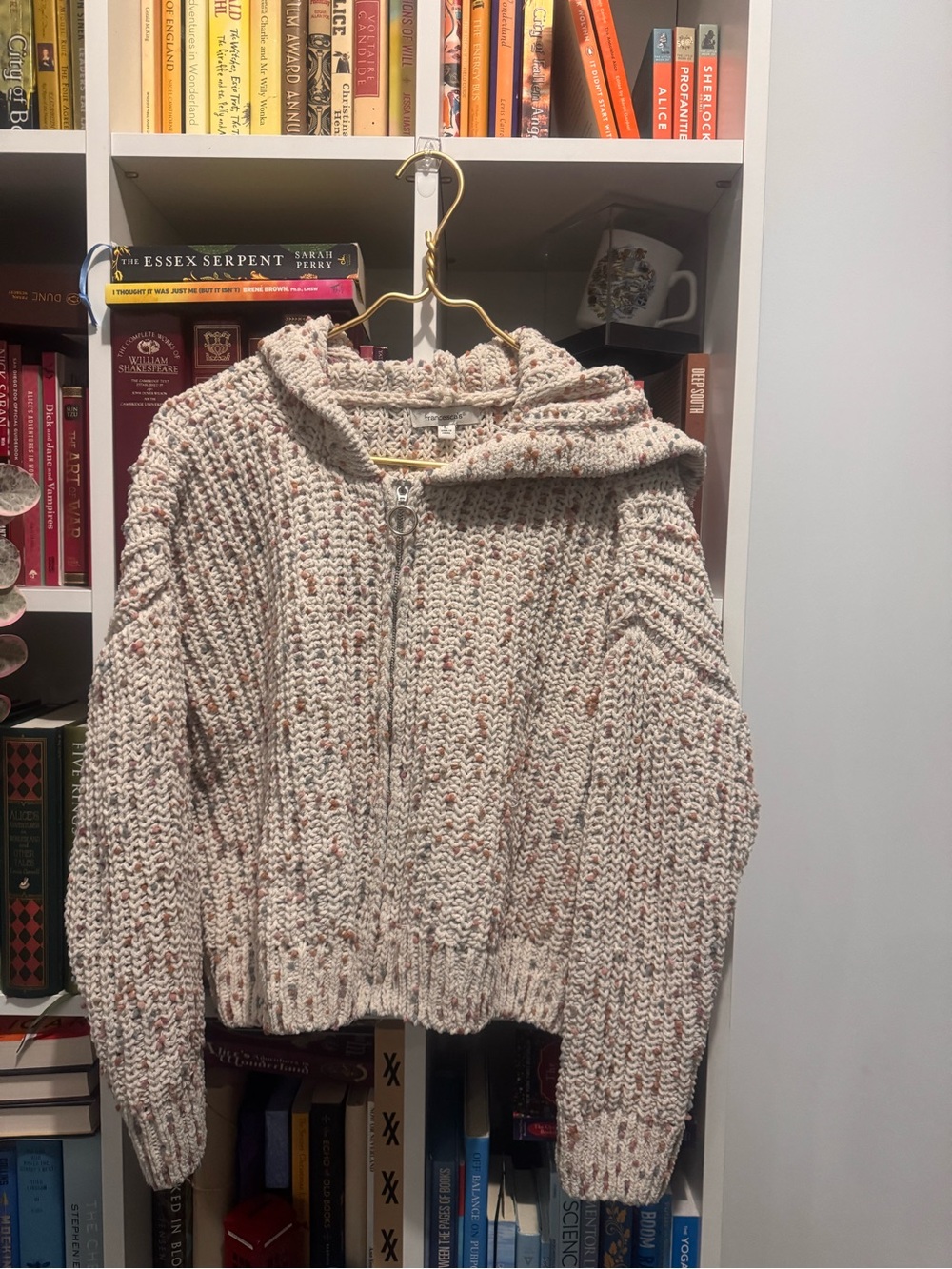 Francesca's Collections Cream Zip Hooded Cardigan with Rust Speckle